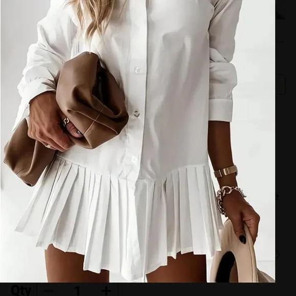 Amazing pleated shirtdress drop waist button down front. Crisp white. - Picture 3 of 3